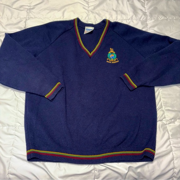 VINTAGE Royal Marines V-Neck Sweater Navy Blue - Picture 1 of 7